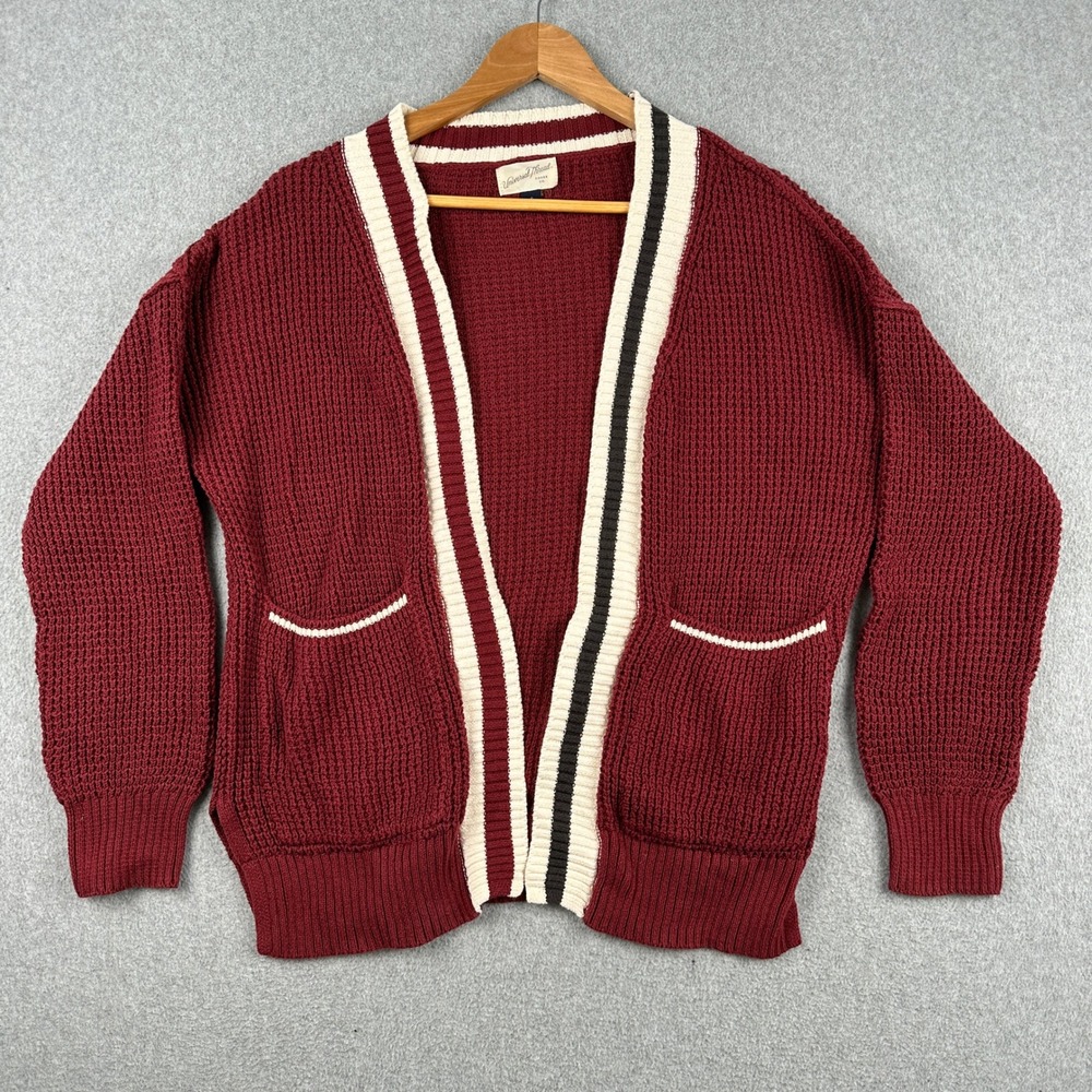 Universal Thread Cardigan Womens S Maroon Chunky Knit Varsity Stripe Sweater